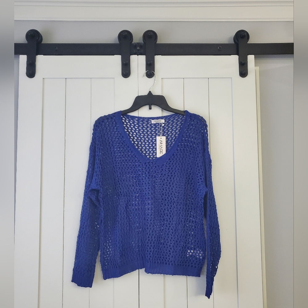 AI'MAGE Womens Crochet Top Long Sleeve Hollow Out Swim Cover Up. NEW!